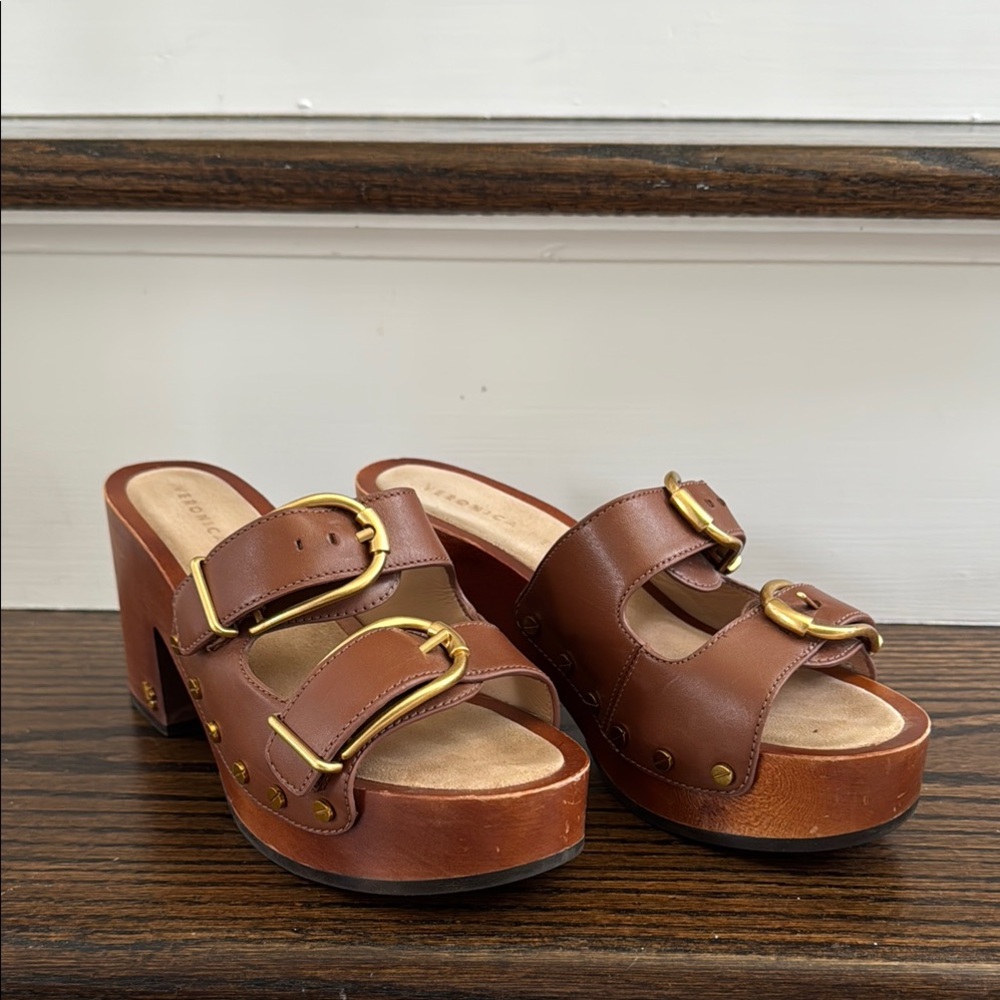Veronica Beard Brown Leather Mules with Gold Buckles